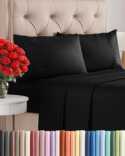 Cal King Size 4 Piece Sheet Set - Comfy Breathable & Cooling Bed Sheets Set - Hotel Luxury Bedding for Women, Men, Kids, Teens, Boys & Girls - Deep Pockets, Ultra-Soft, Wrinkle Free - Oeko-Tex - Black