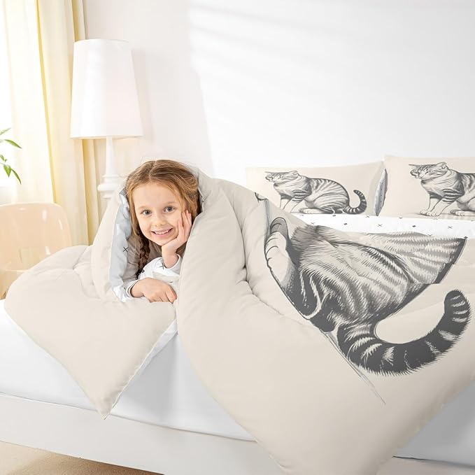 Erosebridal Kawaii Kitten Quilt Insert Toddler Size 3D Cute Bedding Set for Kids Boys Girls Sketch Animal Beige Cat Comforter Warm Soft Comforter Set