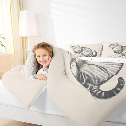 Erosebridal Kawaii Kitten Quilt Insert Queen Size 3D Cute Bedding Set for Kids Boys Girls Sketch Animal Beige Cat Comforter Warm Soft Comforter Set