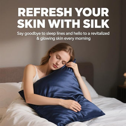 Ravmix Silk Pillow Cases with Zipper, 21momme Mulberry Silk Pillowcase for Hair Skin Health, Soft Smooth Breathable Cool Pillow Cover for Beauty Sleep with Gift Box 1PC(Queen 20"x30", Navy Blue)