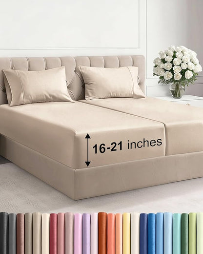 Extra Deep Pocket Split King Size Sheet Set - 5 Piece Breathable & Cooling Bed Sheets - Hotel Luxury Bedding with 16 to 21 inch Extra Deep Pockets - Soft, Fade & Wrinkle Resistant - Oeko-Tex - Wheat