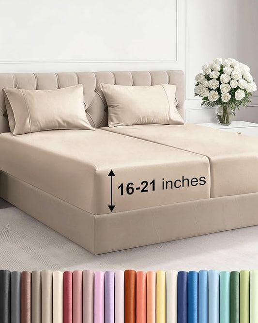 Extra Deep Pocket Split King Size Sheet Set - 5 Piece Breathable & Cooling Bed Sheets - Hotel Luxury Bedding with 16 to 21 inch Extra Deep Pockets - Soft, Fade & Wrinkle Resistant - Oeko-Tex - Wheat