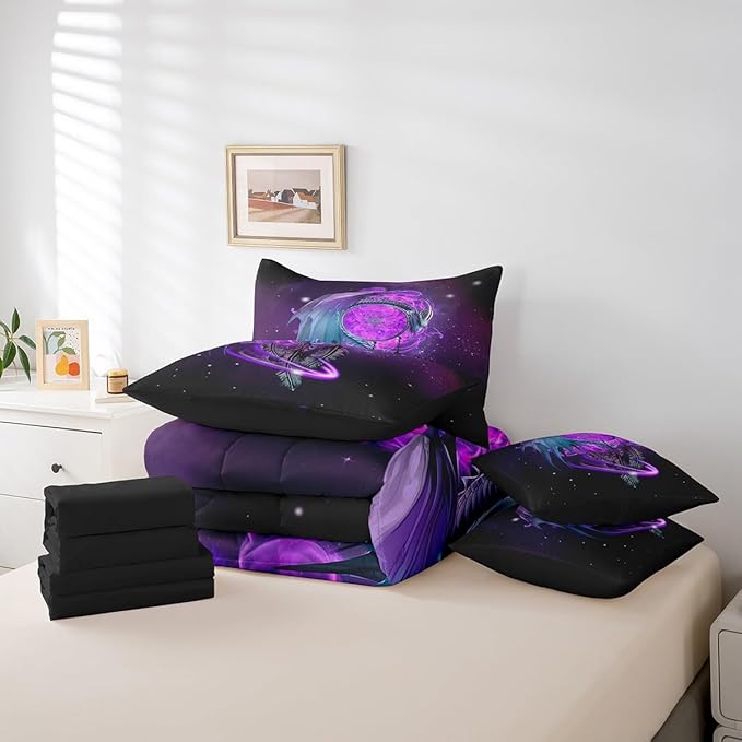 Erosebridal Gothic Dragon Dream Catchers Bed in a Bag Queen Comforter Set 7 Piece,Purple Galaxy Bohemian Feather Bedding Sets Antique Animal Pterosaur Sheet Set with Comforter
