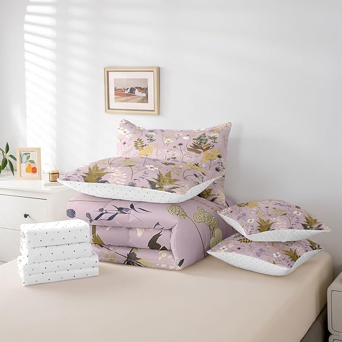 Castle Fairy Rustic Jungle Leaves Comforter Set Bed in a Bag 7 Pieces King,Retro Botanical Flowers Leaves Bedding Set,Farmhouse Style (Comforter+Fitted+Flat Sheet+2 Pillowcases+2 Throw Pillow Covers)