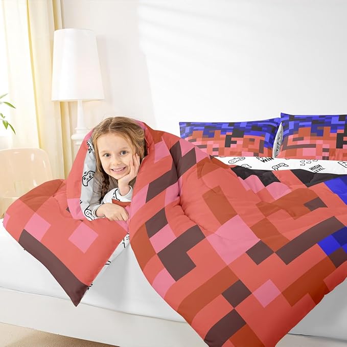 Pixelated Blocks Miners Comforter Set King Size,Video Games Game Gamepad Kids Bedding Set,Geometric Grid Patchwork Quilt Comforter,Blue Red Duvet Insert,2 Pillowcases