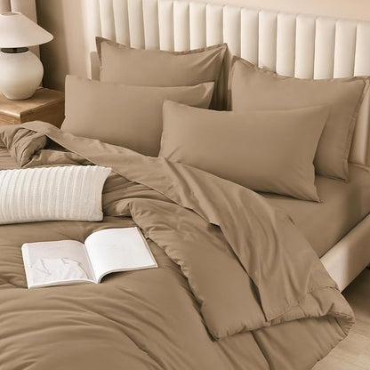 Litanika Oversized King Comforter Sets Taupe - 7 Pieces Bed in a Bag Oversized King Bedding Comforter Sets, Solid Lightweight Bed Set with Comforter, Sheets, Pillowcases & Shams