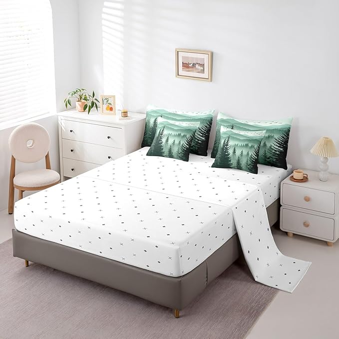 Erosebridal Olive Green Twin Comforter Set with Sheets 7 Piece Mountain Pine Tree Forest Bed in A Bag Rustic Woodland Nature Landscape Bedding Sets for Kids Adults,Soft Lightweight Bed Set