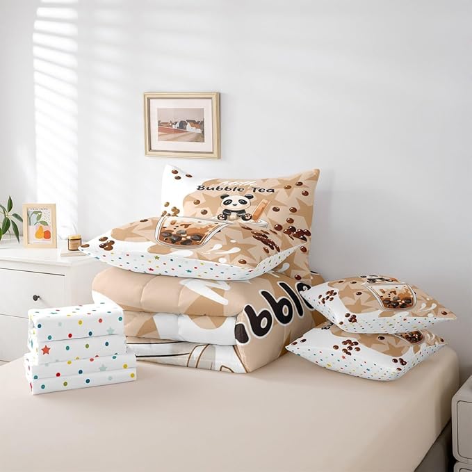 7 Pcs Cartoon Bubble Milk Tea Bedding Sets with Sheets,Comforter,Pillowcases,Pillow Covers Khaki Stars Lovely Milk Graffiti Decor Comforter Set for Kids Boys Girls Teens Bedroom Dorm Bed Set King Size