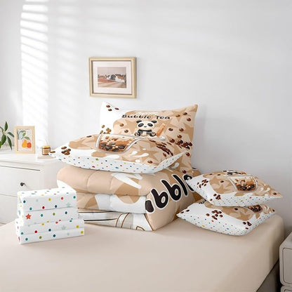7 Pcs Cartoon Bubble Milk Tea Bedding Sets with Sheets,Comforter,Pillowcases,Pillow Covers Khaki Stars Lovely Milk Graffiti Decor Comforter Set for Kids Boys Girls Teens Bedroom Dorm Bed Set King Size