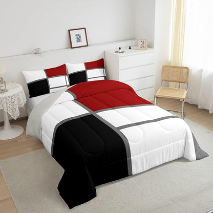 Erosebridal Geometric Abstract Toddler Comforter Red and White Striped Bedding Set Square Grid Duvet Insert Modern Art Patchwork Bed Sets for Minimalist