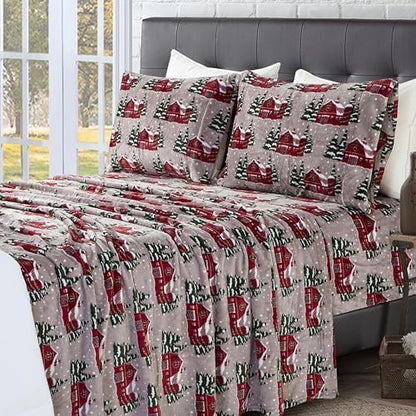 Elegant Comfort Luxuriously Soft 4-Piece Holiday Velvet Plush Flannel Sheet Set - Premium Quality - Cozy Warm, Christmas Fuzzy Velvet Flannel Fleece Deep Pocket Sheet Set - Cal King, Snowybarn