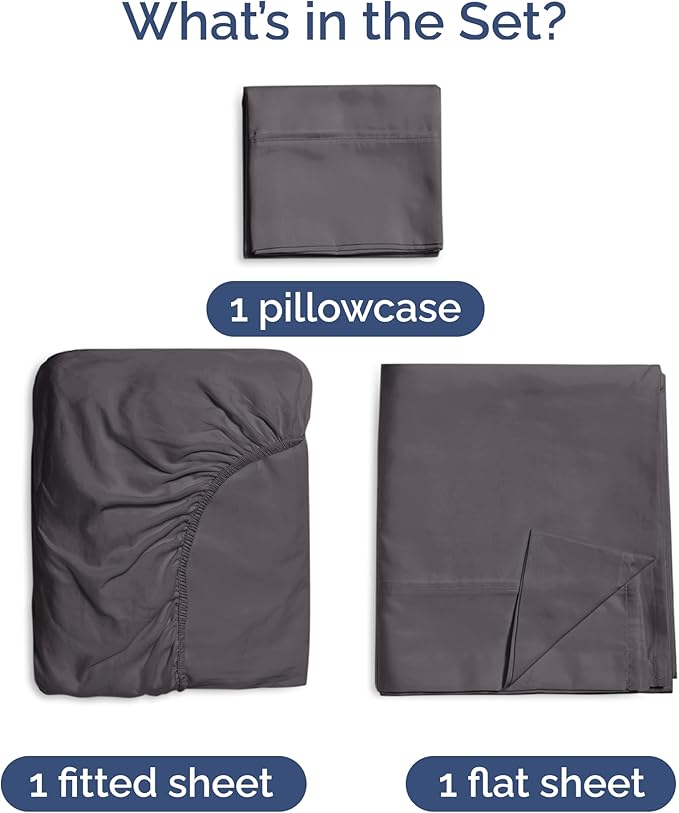 100% Rayon Derived From Bamboo - Bamboo Sheets Twin Size - Cooling Sheets for Twin - Soft, Breathable & Hotel Luxury Bedding - 1 Flat & 1 Fitted & 1 Pillowcase with 16 Inch Deep Pockets - Dark Grey