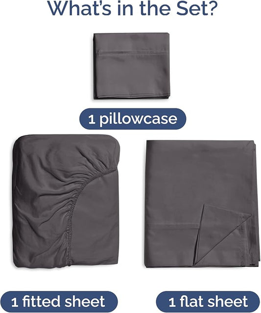 100% Rayon Derived From Bamboo - Bamboo Sheets Twin Size - Cooling Sheets for Twin - Soft, Breathable & Hotel Luxury Bedding - 1 Flat & 1 Fitted & 1 Pillowcase with 16 Inch Deep Pockets - Dark Grey