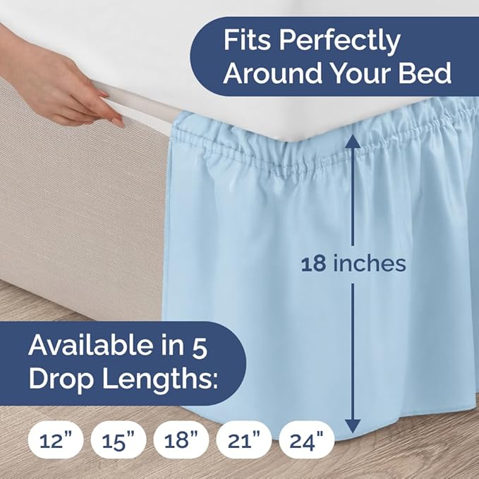 Wrap Around Dust Ruffle Bed Skirt - Light Blue - for Full Size Beds with 18 Inch Drop - Elastic Strap - Adjustable Pleated Bedskirt with Brushed Fabric and Wrinkle Free - for Women, Men, Kids & Teens