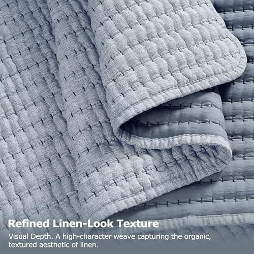 WDCOZY Chambray Blue Queen Size Pick Stitch Quilt Set 3 Pieces 90x90 inches