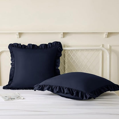 KKJIAF Ruffle Pillow Cases 18x18 Inches, Navy Blue Square Ruffled Pillow Covers Set of 2, Microfiber Wrinkle Resistant Pillow Shams with Envelope Closure for Sofa Bed Living Room