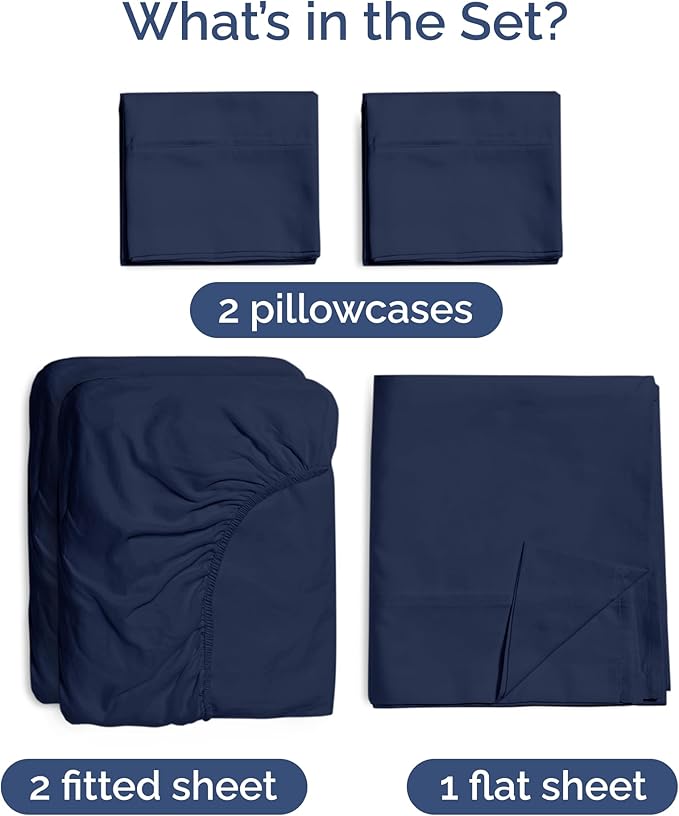 100% Rayon Derived From Bamboo - Bamboo Sheets Split King Size - Cooling Sheets for Split King - Ultra Soft Hotel Luxury Bedding - 1 Flat & 2 Fitted & 2 Pillowcases w/ 16 Inch Deep Pockets - Navy Blue