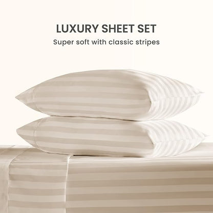 SLEEP ZONE Striped Cooling Sheets Set Full Size - Fitted Flat Sheet & Pillowcase Sets 4 Piece - Super Soft Stripe Bed Sheet, Easy Care, Deep Pocket (Beige, Full)