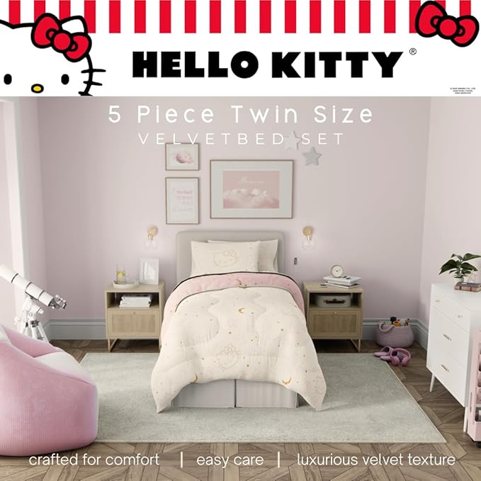 Lux Hello Kitty Velvet Bedding 5 Piece Super Soft Cozy Reversible Comforter and Sheet Set with Sham & Tote Bag, Twin, (Officially Licensed Product) By Franco