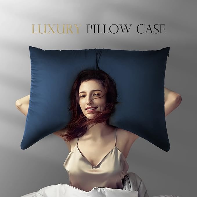 Cooling Curved Pillow Cases - Rayon Derived from Bamboo Side Sleeper Pillowcase Cover - Cool Silky Pillowcase for Hot Sleepers Hair and Skin, Queen Size 1 Piece, 20 * 30 Inches Navy Blue