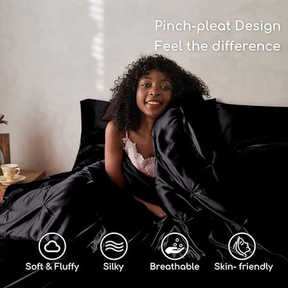 MR&HM Satin Comforter King 7 Pieces - Luxurious Pinch Pleat Bedding Set with Comforter, Flat Sheet, Fitted Sheet, Pillowcases & Shams, Super Silky Soft Bed Set for All Season (King, Black)