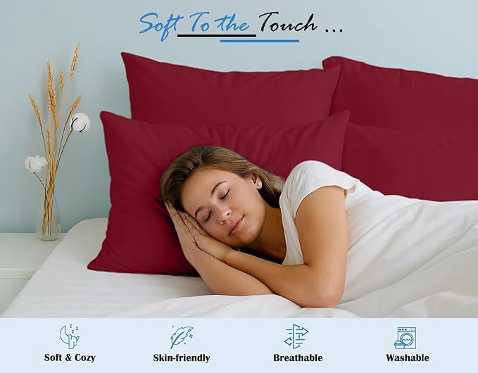 Comfort Beddings Standard Pillowcases Set of 4 – 100% Organic Cotton, 600 Thread Count Sateen, Soft & Comfy Pillow Covers with Envelope Closure, Burgundy, Standard Size 20 x 26 Inches