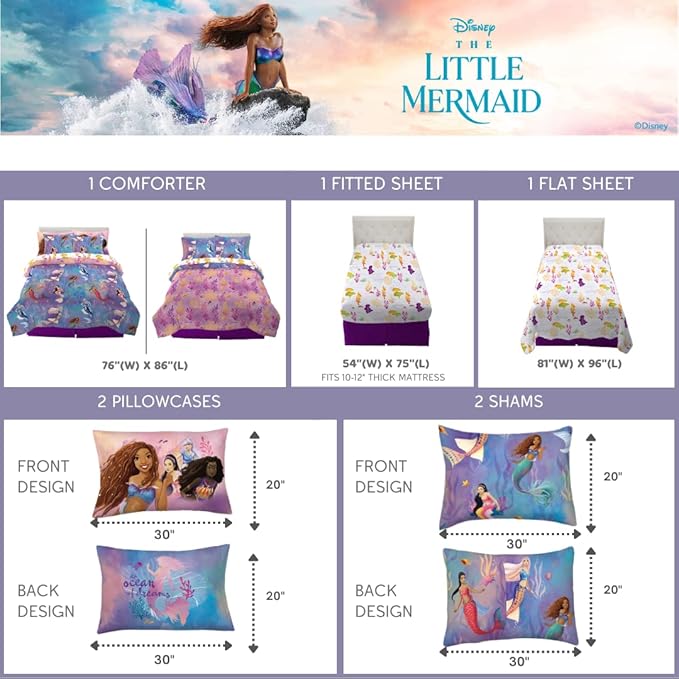 Disney Princess Ariel The Little Mermaid Live Action Movie Ariel Kids Bedding Super Soft Comforter and Sheet Set with Sham, Full, (100% Official Licensed Product) by Franco