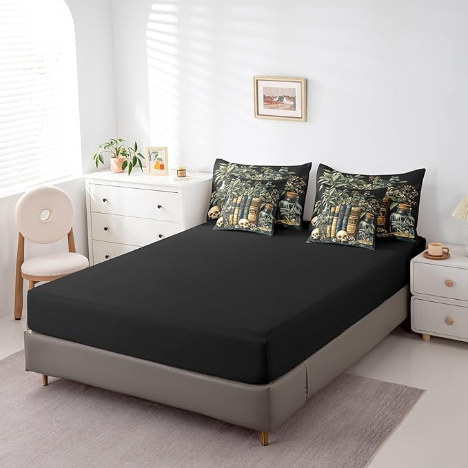 jejeloiu Dark Academia Bedding Set 7Pcs Full Size Kids Skull Mystical Comforter Set with Sheets for Boys Girls Goth Bed in a Bag Soft Lightweight,Microfiber