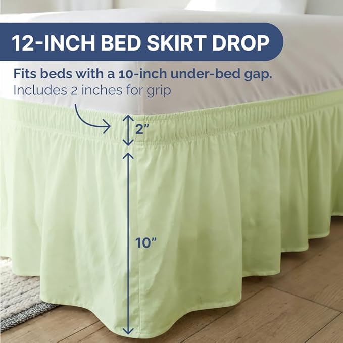 Wrap Around Dust Ruffle Bed Skirt - Light Sage - for King Size Beds w/ 12 Inch Drop - Easy Fit Elastic Strap - Adjustable Pleated Bedskirt w/Brushed Fabric - Wrinkle Free, Women, Men, Kids & Teens