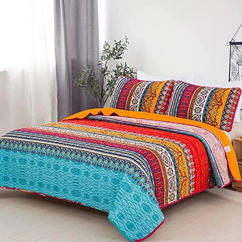 WONGS BEDDING Boho Quilt California King, Orange Blue Stripe Bedding Set
