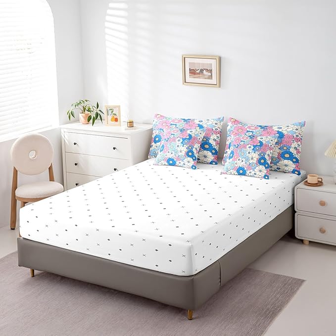 Groovy Flowers Comforter Set Bed in a Bag 7 Pieces King,Red Hippie Flowers 70s 80s Floral Bedding Set,Blue Pink Daisy Botanical (Comforter+Fitted+Flat Sheet+2 Pillowcases+2 Throw Pillow Covers)