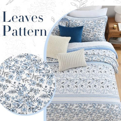 King Size Quilt Set - Blue and White Quilt - 100% Cotton Floral Bedspread