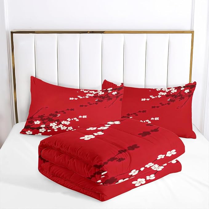 Red Oriental Comforter Set King Size Japanese Style Cherry Blossom Bedding Set for Girls Kids Teens 3 Pieces Asian Vintage Floral Bedding Soft Lightweight Comforter with 2 Pillowcases