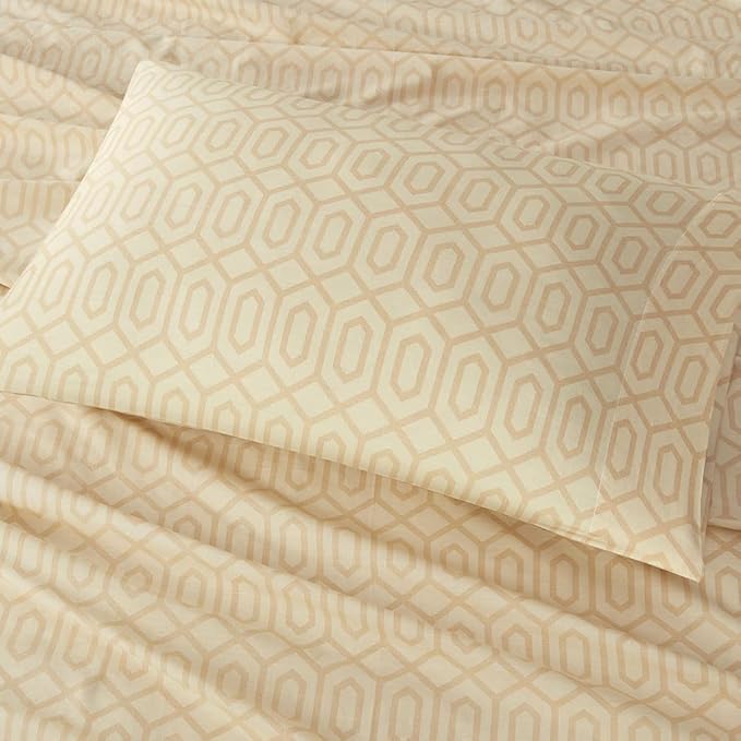 Comfort Spaces 100% Cotton Sheet Set Breathable, Lightweight, Soft with 14" Elastic Pocket Fits up to 16" Mattress, All Season Cozy Bedding, Matching Pillow Case, Queen Diamond Tan 4 Piece