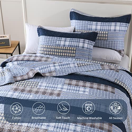 Finlonte Quilt Queen Size 100% Cotton Queen Size Quilts Blue Beige White Bedspreads Plaid Quilts Lightweight Soft Breathable Bedding Sets for All Season, 3 Piece