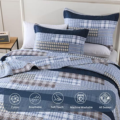 Finlonte Quilt Queen Size 100% Cotton Queen Size Quilts Blue Beige White Bedspreads Plaid Quilts Lightweight Soft Breathable Bedding Sets for All Season, 3 Piece