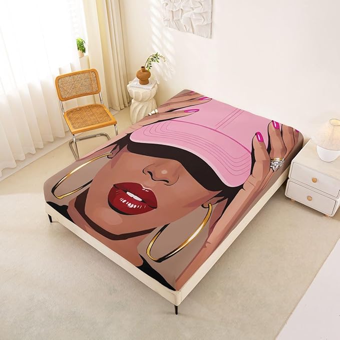 Erosebridal Black Girls Queen Size Bed Sheets Fashion Black Woman Fitted Sheet for Girls Kids Vogue Fashionable Gorgeous Bedding Set for Teens Children Women African Princess Magical Sheets