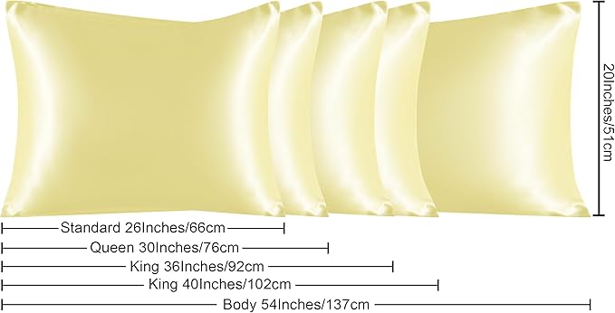NTBAY 2 Pack Satin Standard Pillowcases for Hair and Skin, Luxurious and Silky Pillow Cases with Envelope Closure, 20x26 Inches, Light Yellow