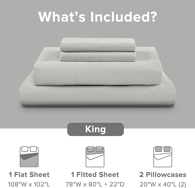 Comfort Spaces Extra Deep Pocket, 100% Cotton King Fits up to 24" Mattress, Breathable, Naturally Cool Cotton, Soft Cotton Sheets, All Seasons Sheet Set, Grey 4 Piece