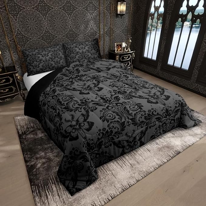 Feelyou Adults Gothic Comforter Set Full Size Dark Olive Green Damask Comforter Death Moth Bohemia Boho Bedding Set Goth Skull Duvet Set Vintage Victorian Baroque Floral Quilt Set 3Pcs