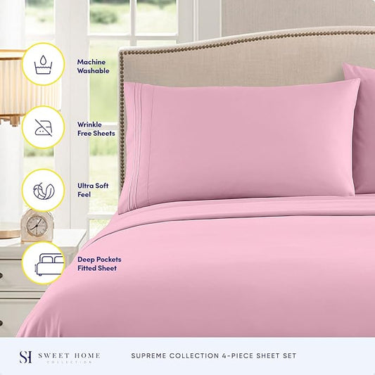 King Size Sheets - Breathable Luxury Bed Sheets with Full Elastic & Secure Corner Straps Built In - 1800 Supreme Collection Extra Soft Deep Pocket Bedding Set, Sheet Set, King, Pink