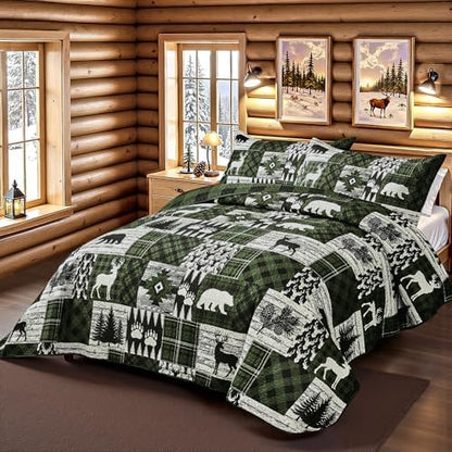 2 Piece Cabin Quilt Sets Twin Size Farmhouse Rustic Reversible Microfiber Soft Lightweight Bedspread Comforter with 1 Sham Patchwork Country Lodge Bedding Quilts Sets for All Season, 68''x86'', Green
