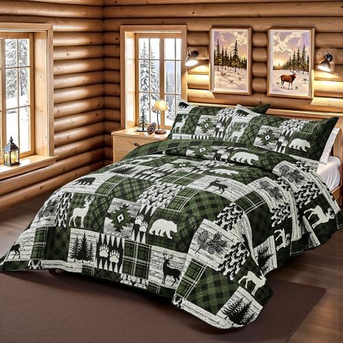3 Piece Cabin King Size Quilt Sets Farmhouse Rustic Reversible Microfiber Soft Lightweight Bedspread Comforter with 2 Shams Patchwork Country Lodge Bedding Quilts Set for All Season, 106''x96'', Green