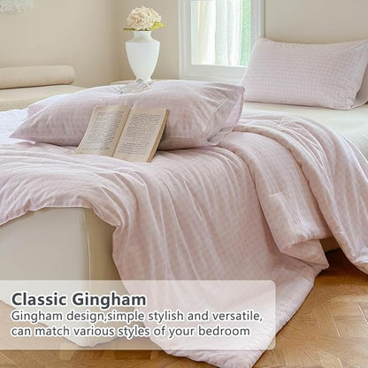 NSNLGSGC Pink Gingham Cotton Comforter Set Twin, 100% Washed Cotton Plaid Checked Comforter Bedding, 2 Pieces Vintage Farmhouse Grid Bedding Set(Pink Gingham, Twin)