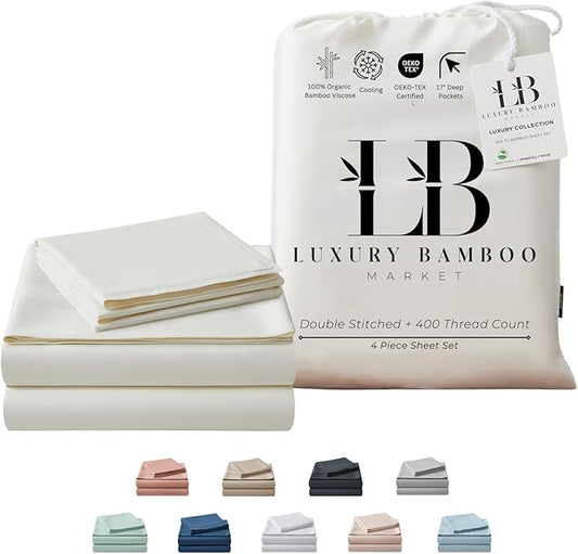 Luxury Bamboo Market | King Size Bed Sheet Set | 100% Viscose Made from Bamboo | Organically Grown | Ultra Soft | Cooling Sheets for Hot Sleepers | 17" Deep Pocket [Opulent Ivory]