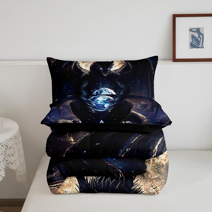 Feelyou Dragon Comforter Set Toddler Size Dragon Stuff Comforter for Boys Girls Teens Wild Life Bedding Set Dragon Decor Duvet Set Room Decor Black Quilt Set