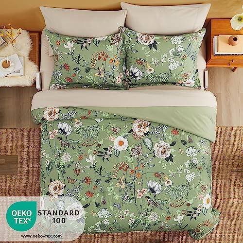 Twin XL Comforter Set- 5 Pieces Green Floral Bed in a Bag Twin Bedding Sets