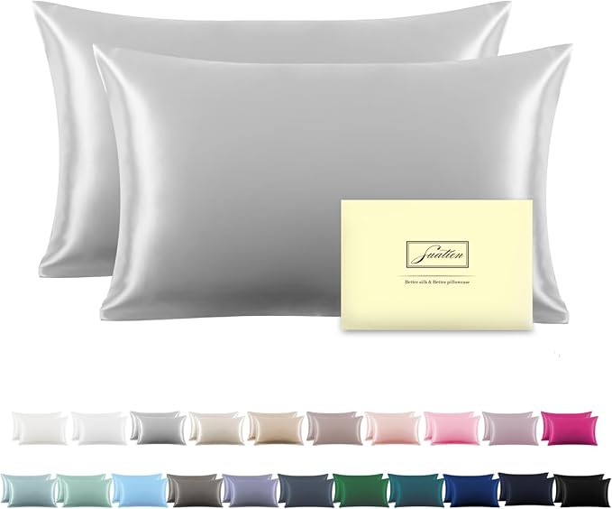 Silk Pillow Cases 2 Pack,Soft Breathable and Sliky Queen Size Pillow Cases Set of 2,Natural Mulberry Silk Pillowcase Set of 2 for Hair and Skin with Hidden Zipper (Silver Grey,20"X 30",2pcs)