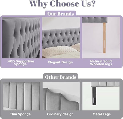 Tufted Upholstered Queen Size Bed Headboard in Modern Button Design, Adjustable Solid Wood Head Board, Premium Velvet Fabric Padded Headboards in Bedroom (Gray, Queen)