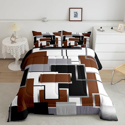 Erosebridal Square Comforter Sets for Teens Youth,Brown White Grey Bedding Set,3D Geometric Quilt Set,Grunge Farmhouse Grid Duvet Insert with 1 Pillowcase Lightweght Warm,Twin
